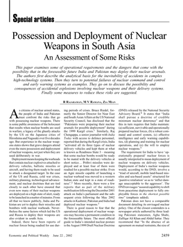 Possession and Deployment of Nuclear Weapons in South Asia an Assessment of Some Risks