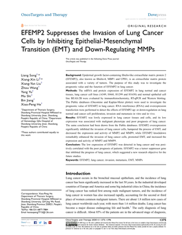 EFEMP2 Suppresses the Invasion of Lung Cancer Cells by Inhibiting Epithelial-Mesenchymal Transition (EMT) and Down-Regulating Mmps