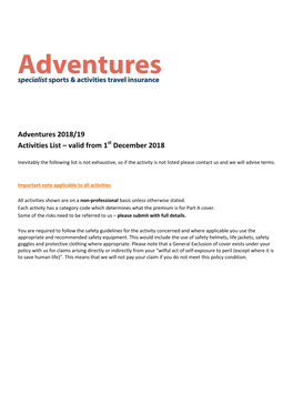 Activities List – Valid from 1St December 2018