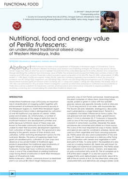 Perilla Frutescens: an Underutilised Traditional Oilseed Crop of Western Himalaya, India