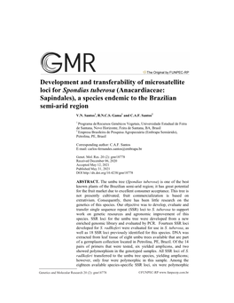 Development and Transferability of Microsatellite Loci for Spondias Tuberosa (Anacardiaceae: Sapindales), a Species Endemic to the Brazilian Semi-Arid Region