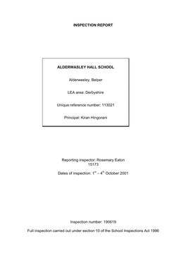 Inspection Report Alderwasley Hall School