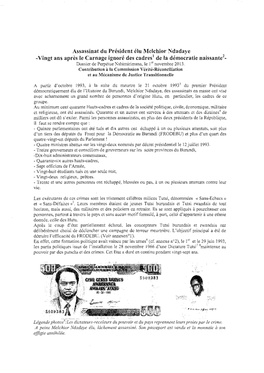 Assassinat Du Président Élu Melchior Ndadaye -Vingt Ans Après Le