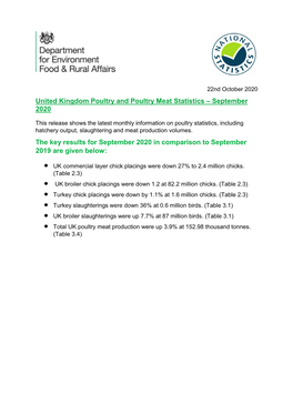 United Kingdom Poultry and Poultry Meat Statistics September 2020