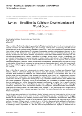 Review – Recalling the Caliphate: Decolonization and World Order Written by Darren Atkinson