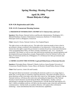 Spring Meeting: Meeting Program April 30, 1994 Mount Holyoke College