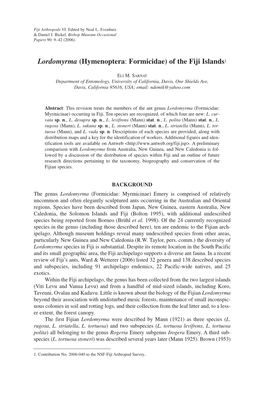 Lordomyrma (Hymenoptera: Formicidae) of the Fiji Islands1