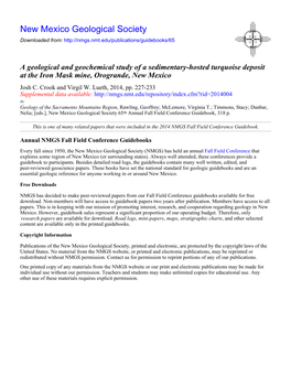 A Geological and Geochemical Study of a Sedimentary-Hosted Turquoise Deposit at the Iron Mask Mine, Orogrande, New Mexico Josh C