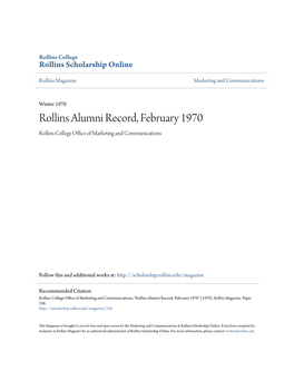 February 1970 Rollins College Office Ofa M Rketing and Communications