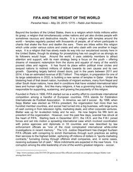 FIFA and the WEIGHT of the WORLD Parashat Naso – May 29, 2015 / 5775 – Rabbi Joel Nickerson