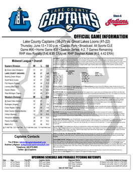 OFFICIAL GAME INFORMATION Lake County Captains (38-27) Vs