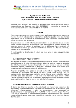 Ayuntamiento De Madrid JUNTA MUNICIPAL DEL DISTRITO DE VILLAVERDE A/A.: CONCHA CHAPA (Concejala Presidenta)
