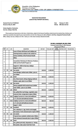 Lease of Venue with Board and Lodging and Catering Services Relative to the Conduct of Various Activities of the Provincial Health Office