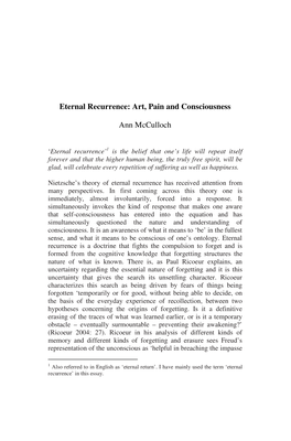 Eternal Recurrence: Art, Pain and Consciousness Ann Mcculloch