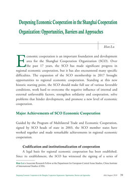Deepening Economic Cooperation in the Shanghai Cooperation Organization: Opportunities, Barriers and Approaches