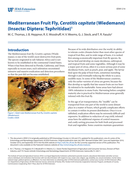 Mediterranean Fruit Fly, Ceratitis Capitata (Wiedemann) (Insecta: Diptera: Tephritidae)1 M