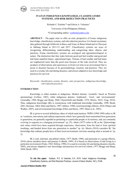 Ivatan Indigenous Knowledge, Classificatory Systems, and Risk Reduction Practices