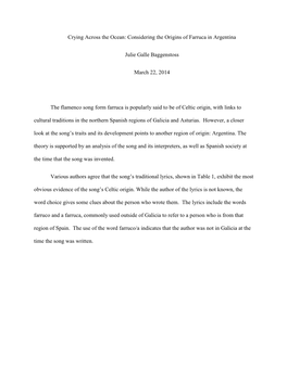 Crying Across the Ocean: Considering the Origins of Farruca in Argentina Julie Galle Baggenstoss March 22, 2014 the Flamenco