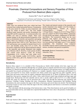 Proximate, Chemical Compositions and Sensory Properties of Wine Produced from Beetroot (Beta Vulgaris)