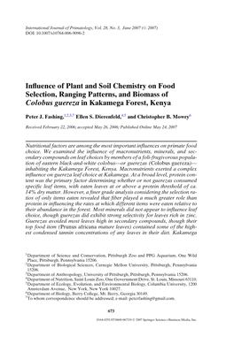 Influence of Plant and Soil Chemistry on Food Selection, Ranging Patterns, and Biomass of Colobus Guereza in Kakamega Forest, Ke