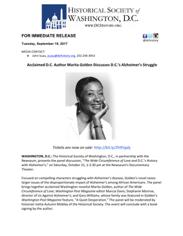 FOR IMMEDIATE RELEASE Acclaimed DC Author Marita Golden Discusses DC's Alzheimer's Struggle Tickets Are Now on Sale