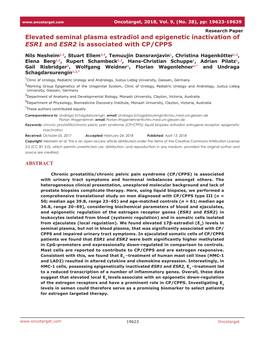 Elevated Seminal Plasma Estradiol and Epigenetic Inactivation of ESR1 and ESR2 Is Associated with CP/CPPS