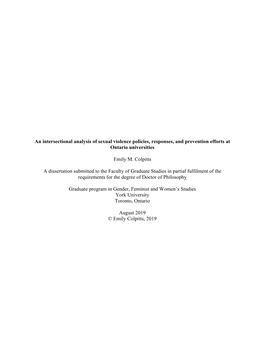 An Intersectional Analysis of Sexual Violence Policies, Responses, and Prevention Efforts at Ontario Universities