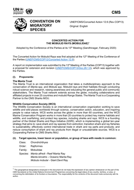 CONCERTED ACTION for the MOBULID RAYS (MOBULIDAE)1 Adopted by the Conference of the Parties at Its 13Th Meeting (Gandhinagar, February 2020)