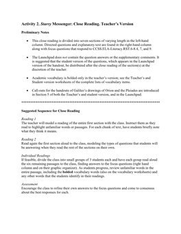 Activity 2. Starry Messenger: Close Reading. Teacher's Version