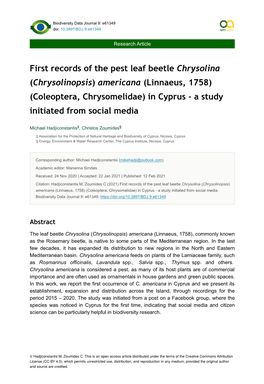 Coleoptera, Chrysomelidae) in Cyprus - a Study Initiated from Social Media