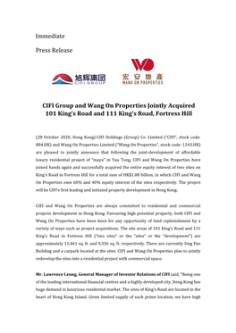 Immediate Press Release CIFI Group and Wang on Properties Jointly
