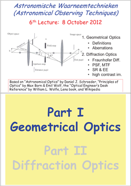 Part I Geometrical Optics Part II Diffraction Optics Aperture and Field Stops