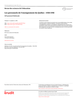 Les Personnels De L'enseignement Du Québec : 1930-1990