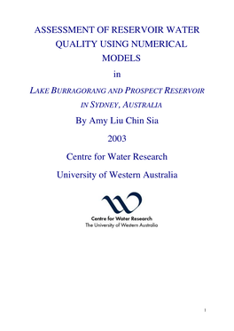 ASSESSMENT of RESERVOIR WATER QUALITY USING NUMERICAL MODELS in by Amy Liu Chin Sia 2003 Centre for Water Research University Of