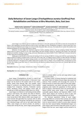 Daily Behaviour of Javan Langur (Trachypithecus Auratus Geoffroy) Post Rehabilitation and Release at Biru Mountain, Batu, East Java