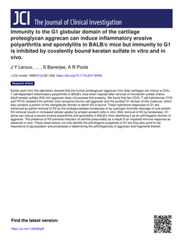 Immunity to the G1 Globular Domain of the Cartilage Proteoglycan