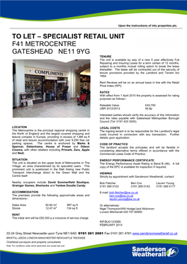 Specialist Retail Unit F41 Metrocentre