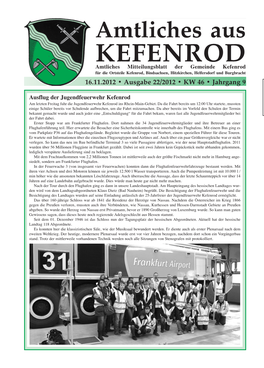 Kefenrod Kfür Die Ortesteile Keffenrod, Beindsachsnen, Hitzkircrhen, Helfeorsdorf Und Dburgbracht 16.11.2012 • Ausgabe 22/2012 • KW 46 • Jahrgang 9