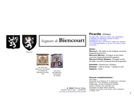 Seigneurs De Biencourt Probablement Issue D’Une Branche Cadette Des Seigneurs De La Ferté-Saint-Riquier, Et, Par Eux, Des Anciens Comtes De Ponthieu