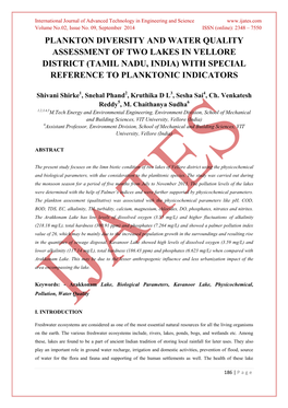 Plankton Diversity and Water Quality Assessment of Two Lakes in Vellore District (Tamil Nadu, India) with Special Reference to Planktonic Indicators