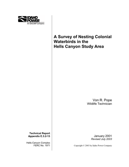 A Survey of Nesting Colonial Waterbirds in the Hells Canyon Study Area