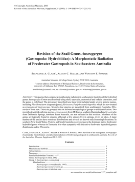 (Gastropoda: Hydrobiidae): a Morphostatic Radiation of Freshwater Gastropods in Southeastern Australia