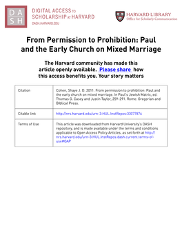 From Permission to Prohibition: Paul and the Early Church on Mixed Marriage