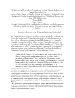 Given and All Received: the Foundation of Mystical Union in the Deus in Se of Aquinas' Summa Theologiae a Paper for the I