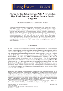 Playing for the Rules: How and Why New Christian Right Public Interest Law Firms Invest in Secular Litigation