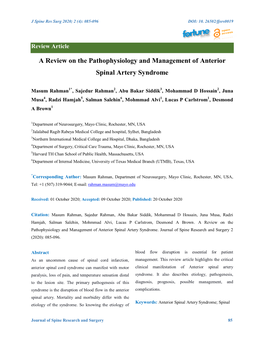 A Review on the Pathophysiology and Management of Anterior Spinal Artery Syndrome