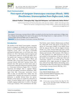 First Report of Stargazer Uranoscopus Crassiceps (Alcock, 1890) (Perciformes: Uranoscopidae) from Digha Coast, India