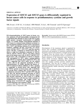 Expression of SOCS1 and SOCS3 Genes Is Differentially Regulated in Breast Cancer Cells in Response to Proinﬂammatory Cytokine and Growth Factor Signals