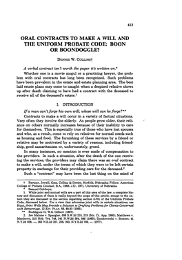 Oral Contracts to Make a Will and the Uniform Probate Code: Boon Or Boondoggle?