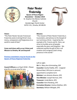 Pater Noster Fraternity Queen of Peace Region Newsletter – October 2019 St